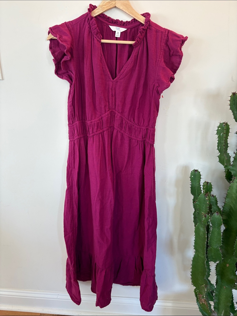 100% Cotton Women's Magenta Midi Dress with Ruffle Sleeves